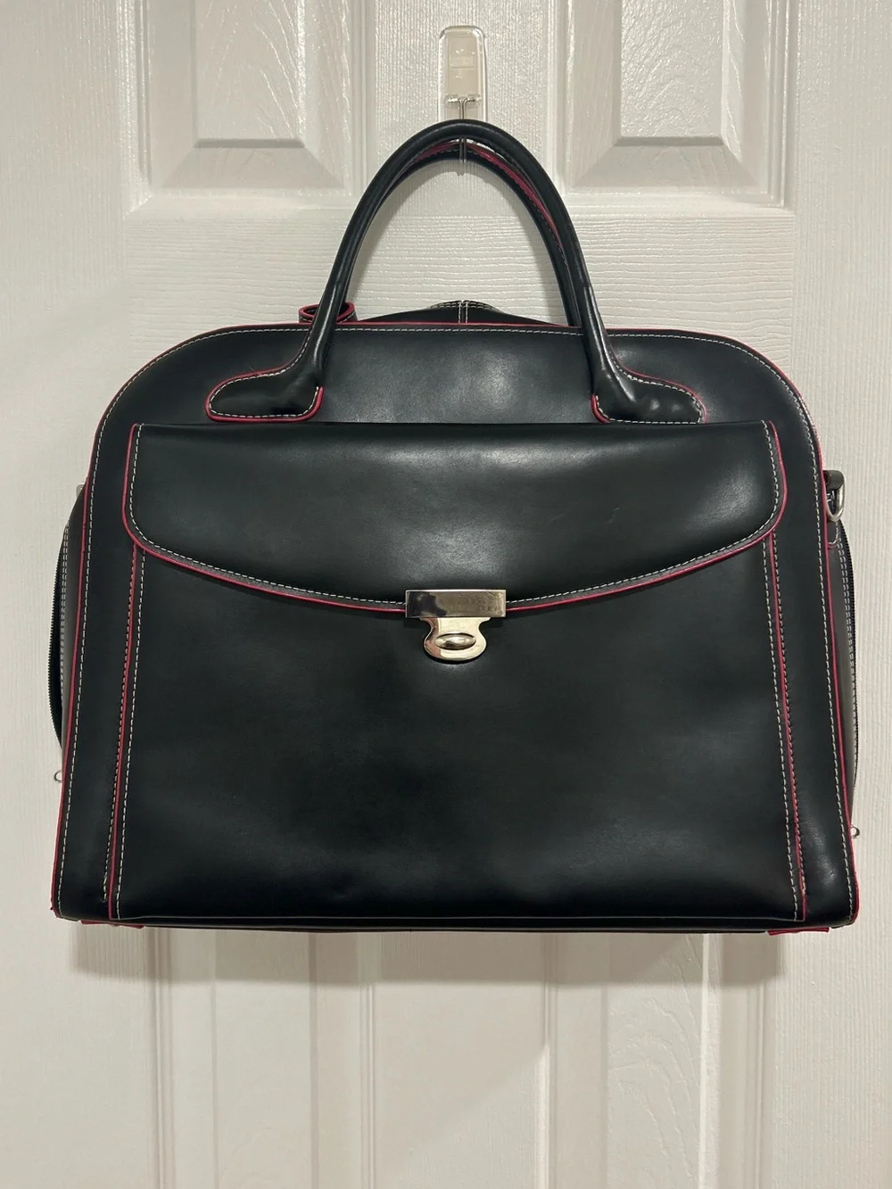 Vintage McKlein Leather Laptop Bag Black Red Outline Shoulder Strap Briefcase
